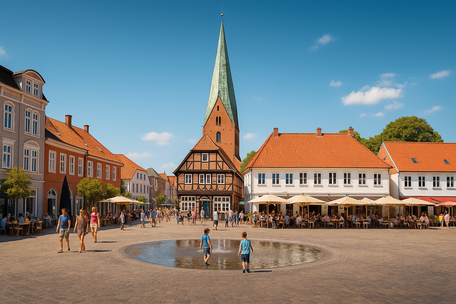Marktplatz Eutin mit Brunnen und Außengastronomie